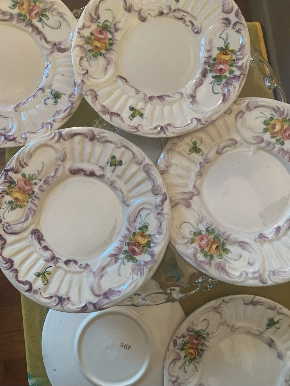 ITALY marked Floral Dessert Plate Set in Purple and Yellow – Old - S/6